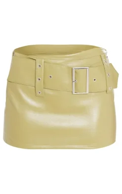 Pale Green Faux Leather Belted Low Rise Micro Mini Skirt