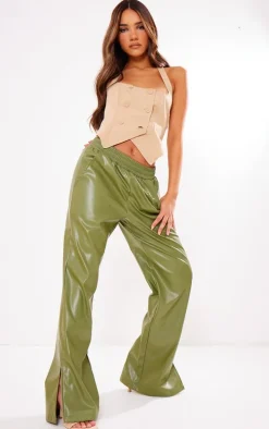 Pale Green Faux Leather Elasticated Waist Straight Leg Pant
