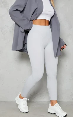 Pale Grey Structured Snatched Rib Cuffed Detail Leggings