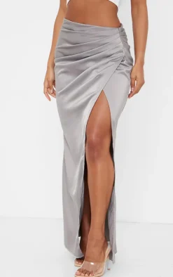 Pale Grey Structured Satin V Front Ruched Split Front Maxi Skirt