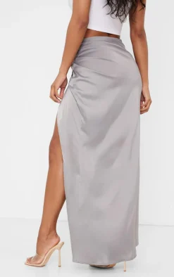 Pale Grey Structured Satin V Front Ruched Split Front Maxi Skirt