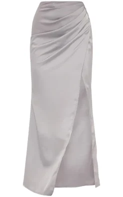 Pale Grey Structured Satin V Front Ruched Split Front Maxi Skirt