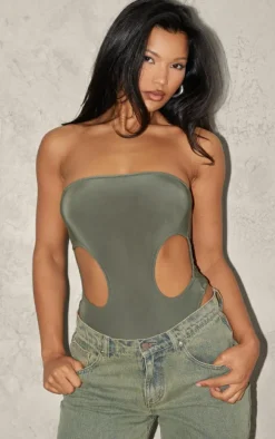 Pale Khaki Bandeau Slinky Cut Out Bodysuit