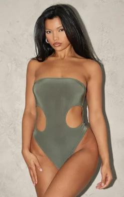 Pale Khaki Bandeau Slinky Cut Out Bodysuit