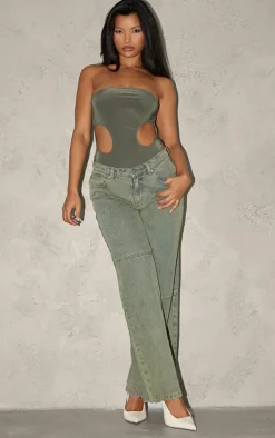 Pale Khaki Bandeau Slinky Cut Out Bodysuit