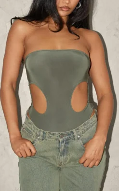 Pale Khaki Bandeau Slinky Cut Out Bodysuit
