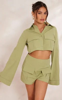 Pale Khaki Cotton Pocket Front Detail Tailored Shorts