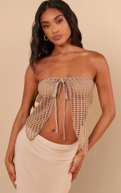 Pale Khaki Fishnet Crochet Split Front Bandeau Crop Top