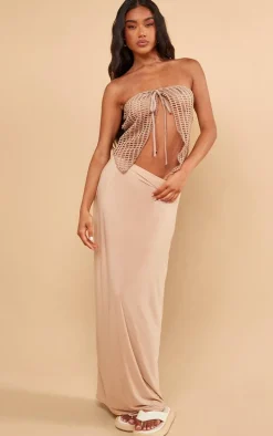 Pale Khaki Fishnet Crochet Split Front Bandeau Crop Top