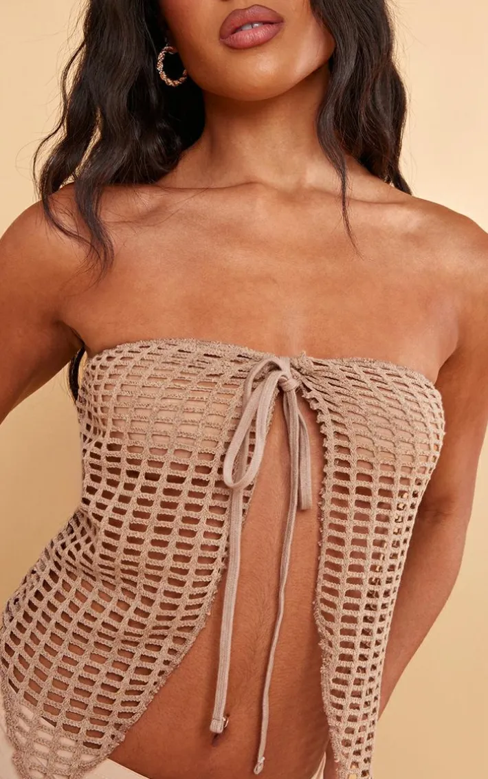 Pale Khaki Fishnet Crochet Split Front Bandeau Crop Top