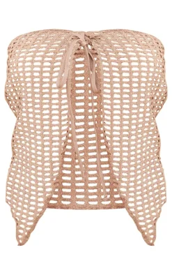 Pale Khaki Fishnet Crochet Split Front Bandeau Crop Top