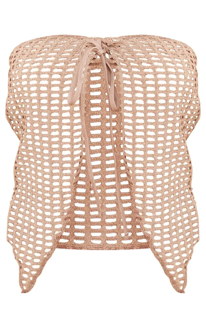 Pale Khaki Fishnet Crochet Split Front Bandeau Crop Top