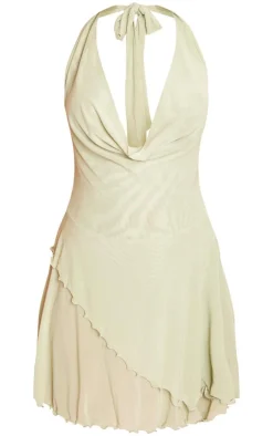 Pale Lime Mesh Draped Halterneck Cold Shoulder Mini Dress