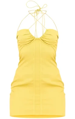 Pale Lime Woven Cup Detail Tie Neck Mini Dress