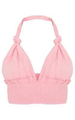 Pale Pink Linen Feel Knot Detail Halter Crop Top