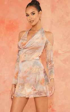 Pale Pink Renaissance Print Cowl Neck Bardot Frill Hem Shift Dress