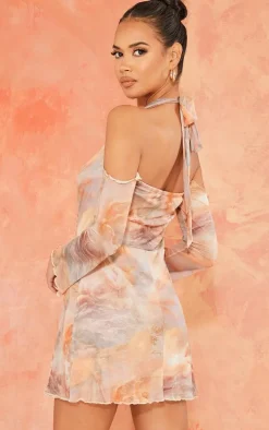 Pale Pink Renaissance Print Cowl Neck Bardot Frill Hem Shift Dress