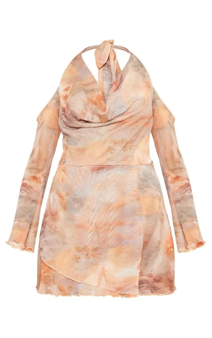 Pale Pink Renaissance Print Cowl Neck Bardot Frill Hem Shift Dress