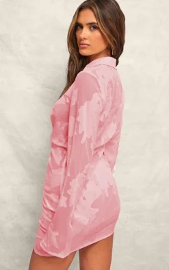 Pale Pink Satin Floral Shirt Mini Dress