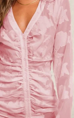 Pale Pink Satin Floral Shirt Mini Dress
