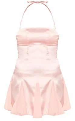 Pale Pink Satin Halter Neck Mesh Frill Mini Dress
