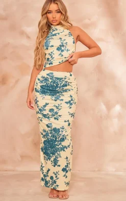 Pale Yellow Floral Print Soft Touch Ruched Back Maxi Skirt