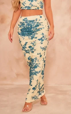 Pale Yellow Floral Print Soft Touch Ruched Back Maxi Skirt