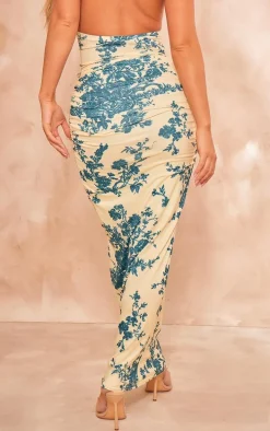 Pale Yellow Floral Print Soft Touch Ruched Back Maxi Skirt