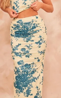 Pale Yellow Floral Print Soft Touch Ruched Back Maxi Skirt