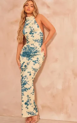 Pale Yellow Floral Print Soft Touch Ruched Halterneck Top