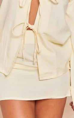 Pale Yellow Linen Look High Waist Mini Skirt
