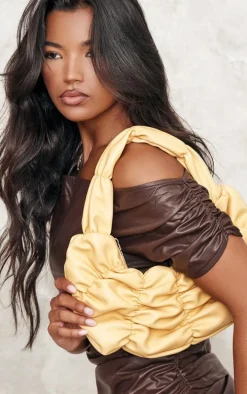 Pale Yellow PU Stretch Ruched Shoulder Bag