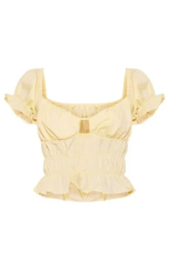 Pale Yellow Shirred Ruched Crop Top