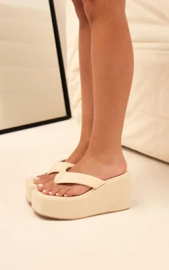 Pale Yellow Stretch Lycra Square Toe Thong Flatform Sandals