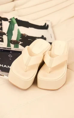 Pale Yellow Stretch Lycra Square Toe Thong Flatform Sandals