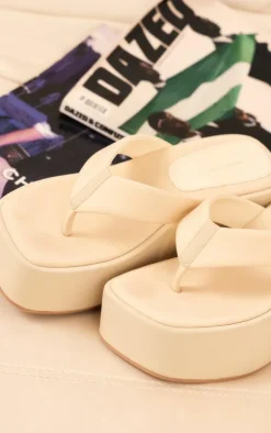 Pale Yellow Stretch Lycra Square Toe Thong Flatform Sandals