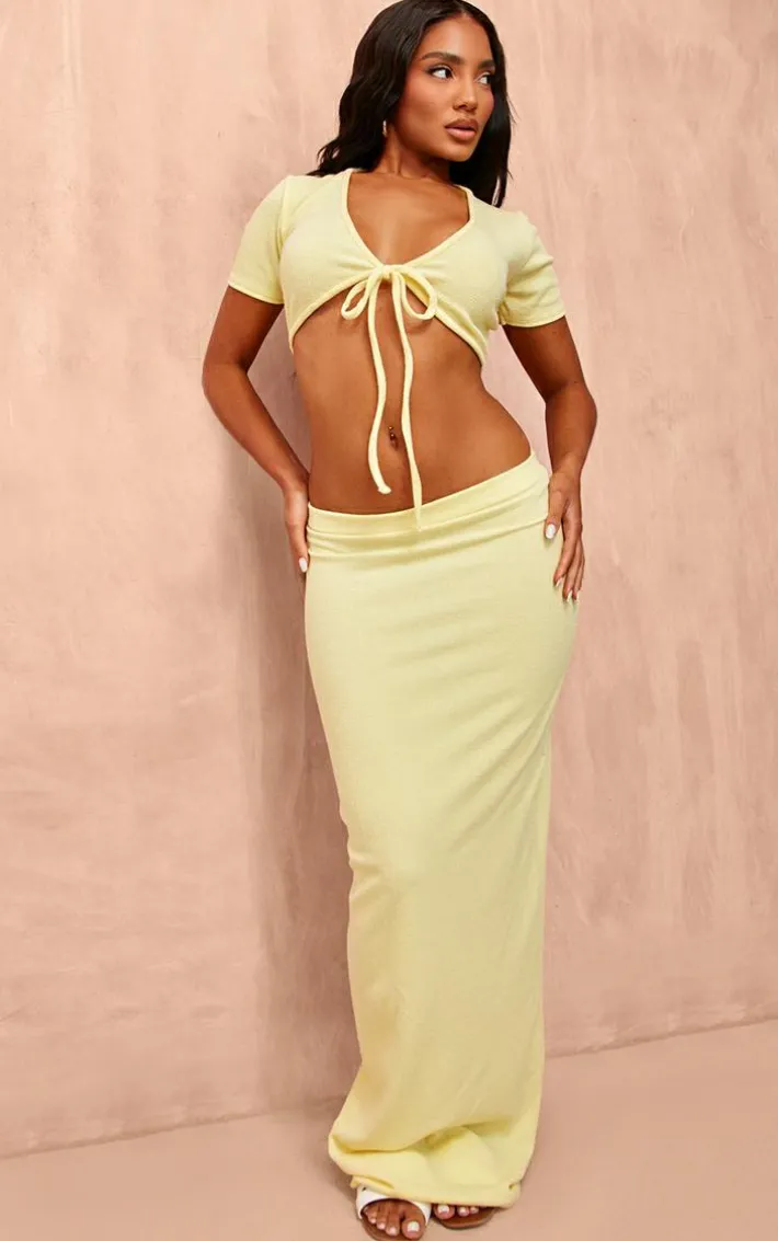 Pale Yellow Textured Jersey Low Rise Midaxi Skirt