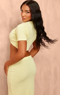 Pale Yellow Textured Jersey Tie Front Short Sleeve Crop Top