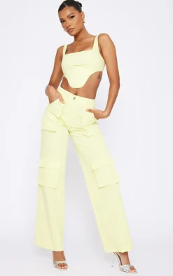 Pale Yellow Twill Pocket Detail High Waist Cargo Pants