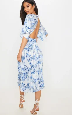 Pastel Blue Floral Print Open Back Pleated Midi Dress