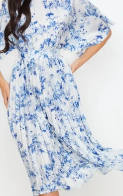 Pastel Blue Floral Print Open Back Pleated Midi Dress