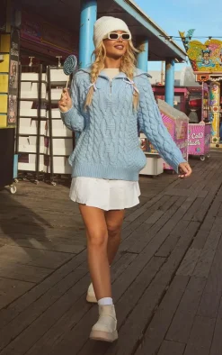 Pastel Blue Half Zip Cable Knitted Sweater