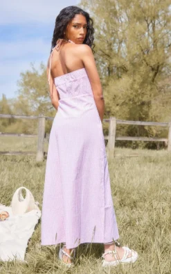 Pastel Pink Gingham Lace Trim Corset Split Midi Dress