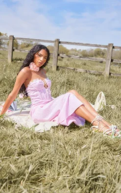 Pastel Pink Gingham Lace Trim Corset Split Midi Dress