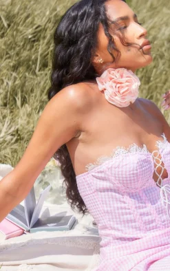 Pastel Pink Gingham Lace Trim Corset Split Midi Dress