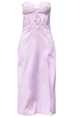 Pastel Pink Gingham Lace Trim Corset Split Midi Dress