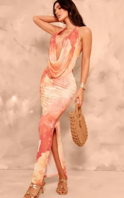 Peach Blurred Mesh Extreme Cowl Neck Maxi Dress