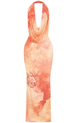 Peach Blurred Mesh Extreme Cowl Neck Maxi Dress