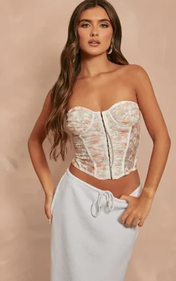 Peach Floral Print Ruched Mesh Corset