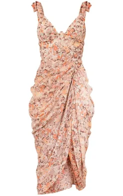 Peach Floral Print Underwire Detail Draped Midi Dress